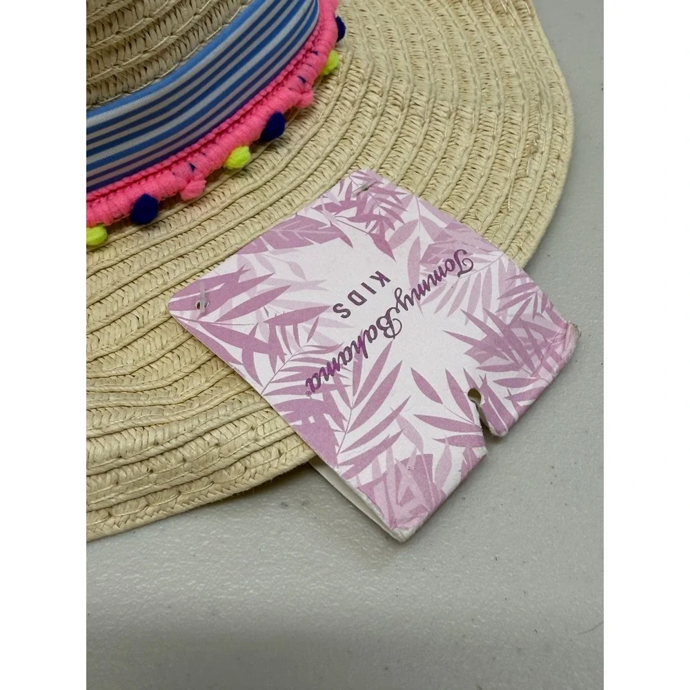 Tommy Bahama Kids Tan Straw Sun Hat Fedora Striped Pom Pom NWT New